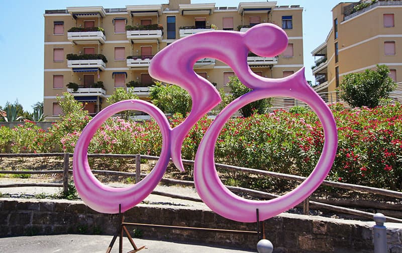 The symbol of Giro d'Italia, a pink cyclist, in San Lorenzo al Mare