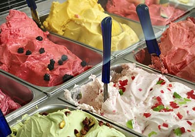 Big variety of Italian ice-cream in an ice cream parlour in Liguria
